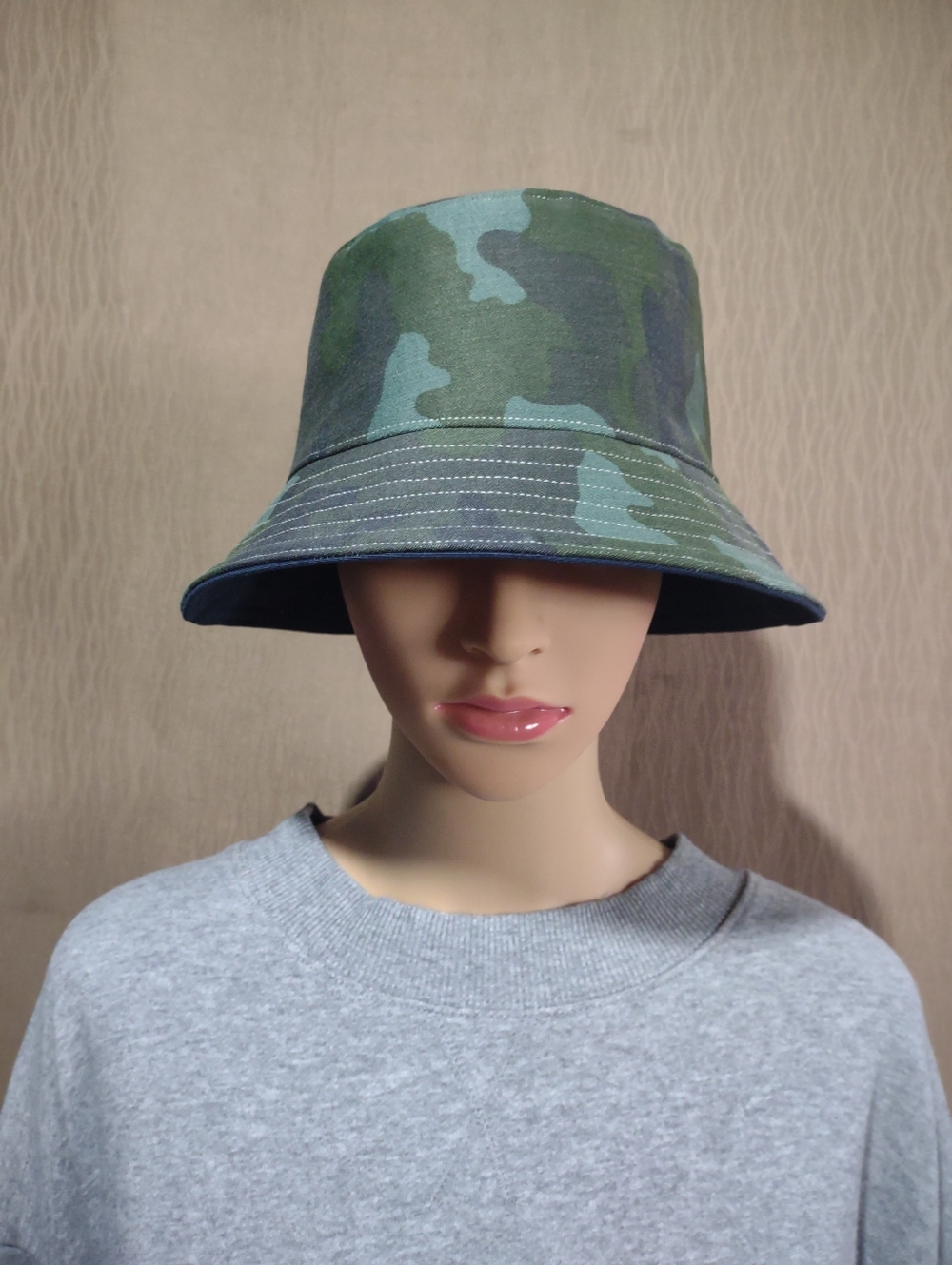 Handmade Upcycled Reversible Navy & Green Camo Bucket Hat - Picture 2 of 13